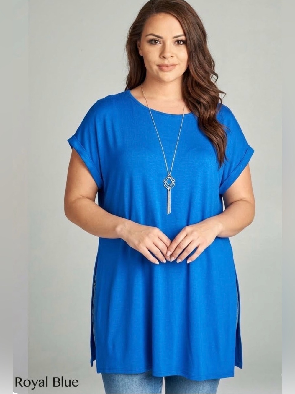 New!Plus SizeTunic Top with High Rounded Neck, Short Tab Sleeves Sizes 1…